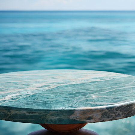 Empty marble table top with sea view background, product display montageの素材