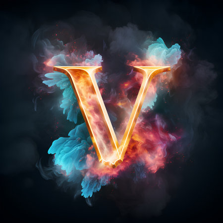 Letter V in the form of an explosion of colored smoke on a black backgroundの素材