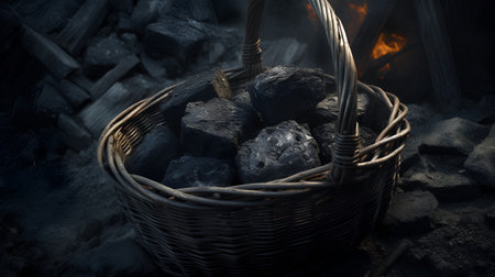 Coal in a wicker basket on a firewood background.の素材