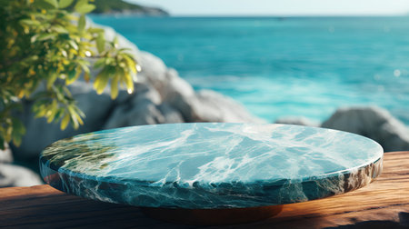 Blue marble table top on blur tropical beach background. Mock up, 3D Renderingの素材