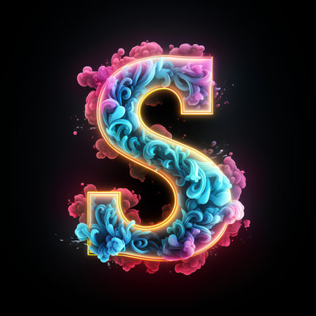 Alphabet letter S in blue and pink smoke isolated on black backgroundの素材