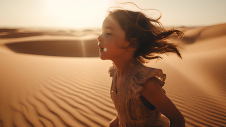 Cute little girl playing in the desert on a sunny day.の素材