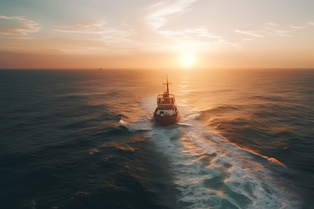 Cargo ship sailing in the sea at sunset. 3d renderingの素材