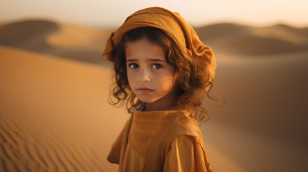Cute little girl in the desert. 3d rendering. Selective focus.の素材