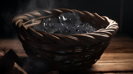 Ice cubes in a wicker basket on a wooden background. Selective focus.の素材