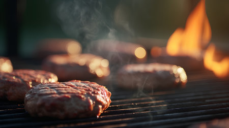 Grilled hamburgers on a barbecue grill. Selective focus.の素材