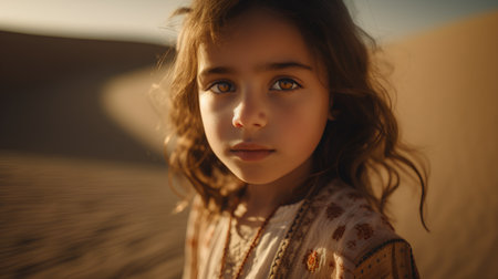 Portrait of a beautiful little girl with long hair in the desertの素材