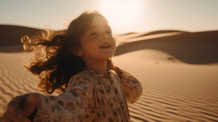 Little girl playing in the sand dunes of the Sahara desert.の素材