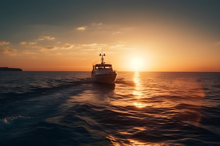 Fishing boat on the sea at sunset. Beautiful seascape.の素材