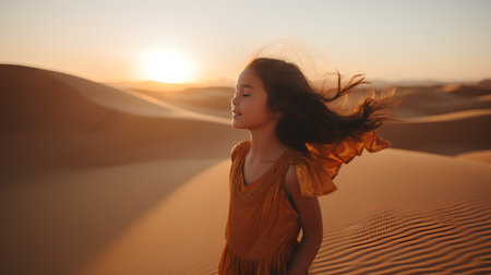 Beautiful girl in the desert at sunset. Young woman in orange dressの素材