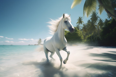 White horse galloping on the beach under palm trees. 3d renderの素材