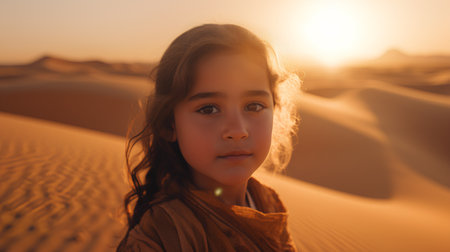 Little girl in the Sahara desert at sunset. Morocco. Africa.の素材