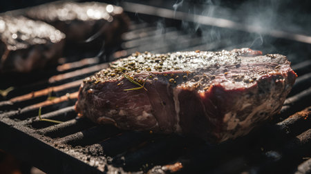 grilled beef steak with rosemary and salt on the barbecue grillの素材