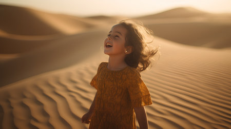Little girl playing in the sand dunes of the Sahara desert.の素材