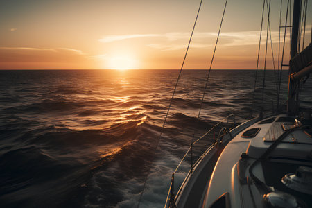 Yacht sailing in the sea at sunset. Sport, recreation and leisure activity concept.の素材