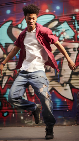 Young african american man dancing hip-hop in urban backgroundの素材