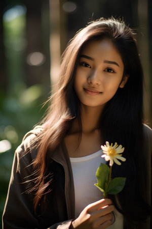 Portrait of a beautiful asian woman with flower in her handの素材