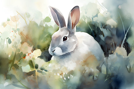 Watercolor illustration of a rabbit in the meadow. Hand-drawn illustration.の素材