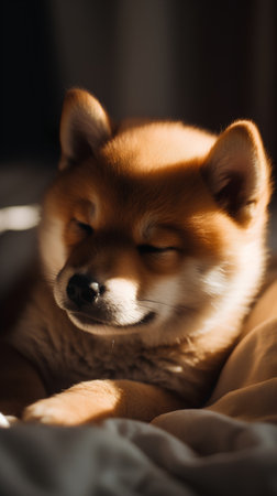 Portrait of a beautiful shiba inu dog lying on the bedの素材