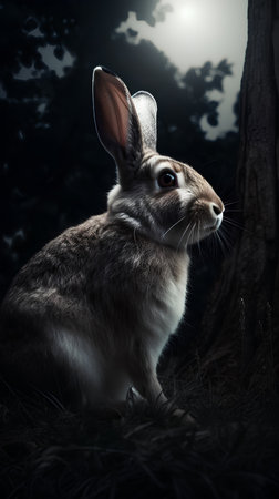 Rabbit sitting on the grass and looking at the camera. Dark background.の素材