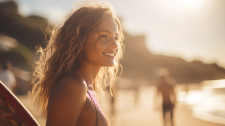Beautiful young woman with long curly hair walking in the city at sunsetの素材