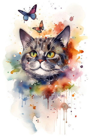 Watercolor portrait of a cat with multicolored splashes and butterflies.の素材