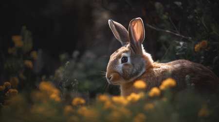 Rabbit in the meadow with yellow flowers. Selective focus.の素材
