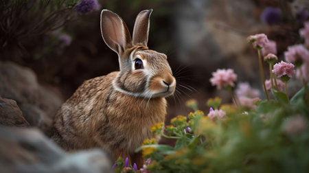 Rabbit on the background of flowers. Wild animal in the nature.の素材