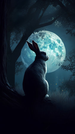 Rabbit sitting in the forest with moon on the background. 3d renderingの素材