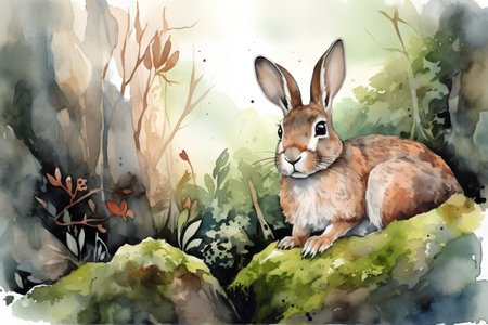 Rabbit in the forest. Watercolor illustration. Hand drawn.の素材