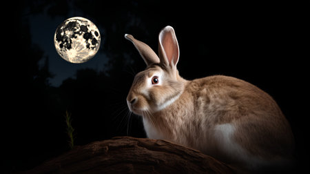 Rabbit with full moon on dark background. 3d rendering.の素材
