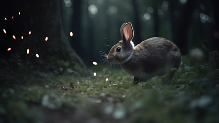 Rabbit in the forest at night with bokeh lights.の素材