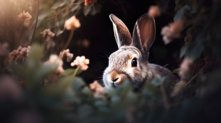 Cute little rabbit in the grass at sunset, vintage style.の素材