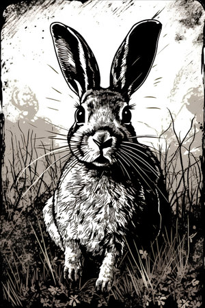 Rabbit in the grass. Black and white illustration for your designの素材