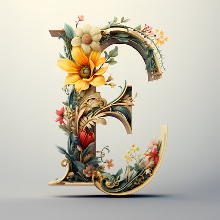3D decorative letter E uppercase with floral ornament and flowers. 3D renderingの素材