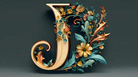 Vintage decorative letter J with floral ornament. 3D render.の素材