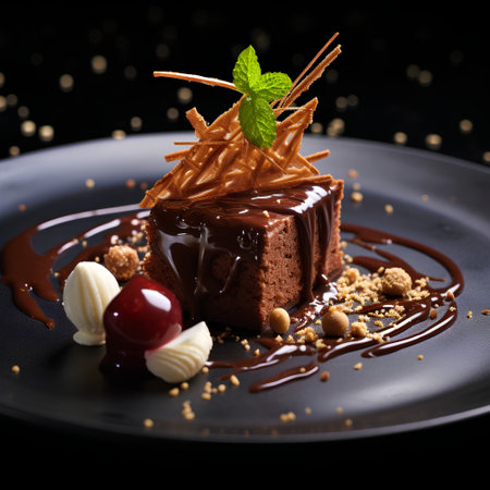 Chocolate cake with ice cream and caramel sauce on a black backgroundの素材