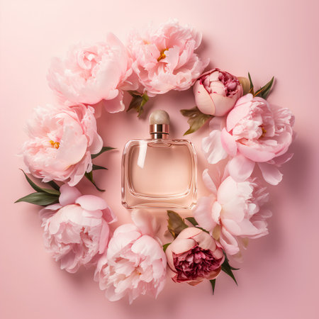 Bottle of perfume with peony flowers on pink background. Flat lay, top viewの素材