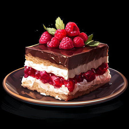 Tiramisu cake with raspberries and mint. Vector illustration.の素材