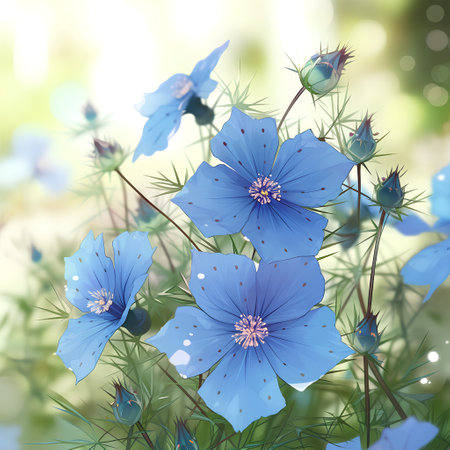 Beautiful blue flowers on a bokeh background. Vector illustration.の素材