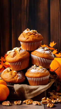 Homemade pumpkin muffins with pecan nuts on wooden background.の素材