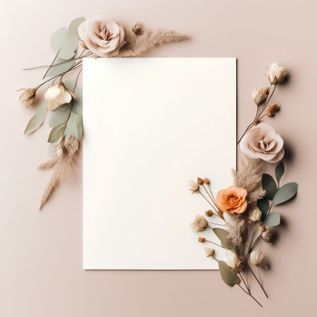 Creative layout made of flowers and leaves on pastel background. Flat lay, top view minimal concept.の素材