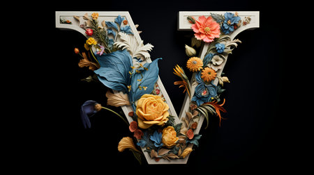 Letter V with floral ornament. 3D render, 3D illustration.の素材