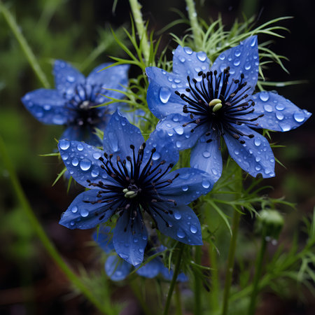 Blue anemone flowers with raindrops on the petals.の素材