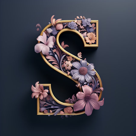 3D letter S with flowers and leaves in gold on a black background.の素材