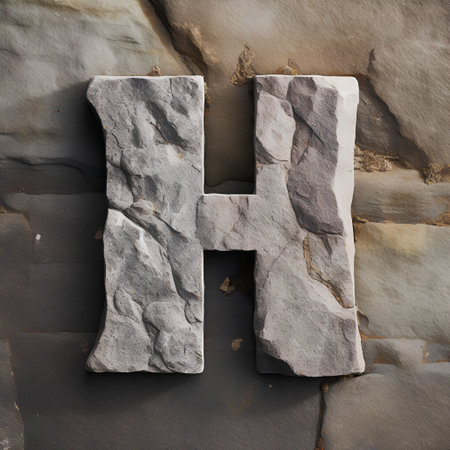 Stone letter H on a stone wall background. 3d rendering.の素材