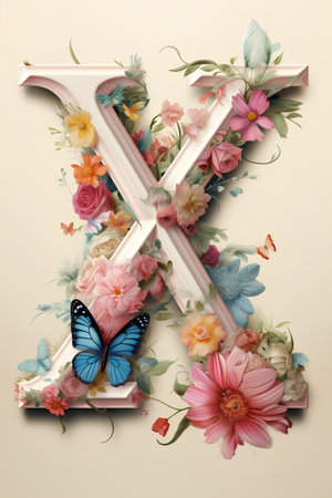 Floral capital letter K with butterflies and flowers. 3D renderingの素材