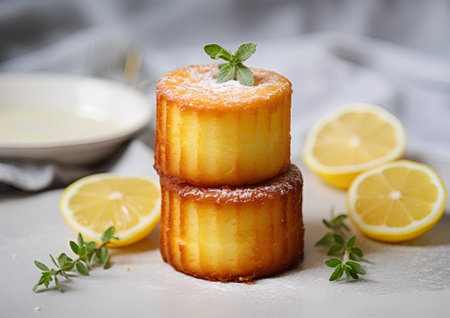 Cottage cheese pancakes with lemon and mint on a light background.の素材