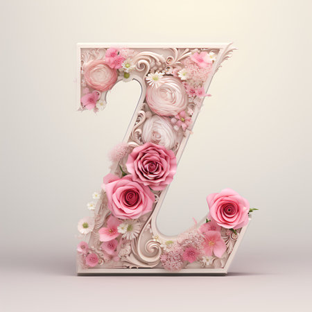 Alphabet letter Z decorated with flowers and leaves. 3d renderingの素材