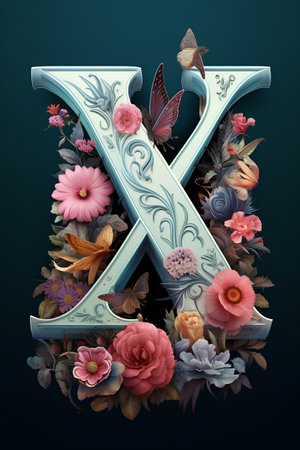 Floral capital letter X with flowers, leaves and butterflies. 3D renderingの素材